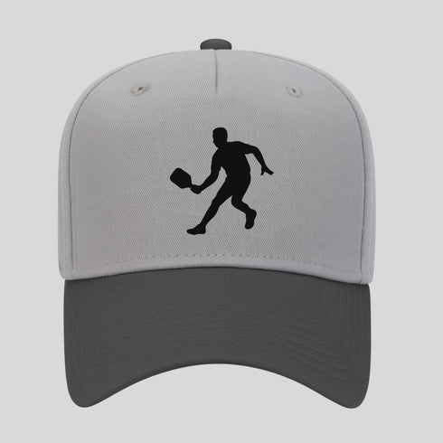 Gray cap with black silhouette of a person playing badminton on a light gray background